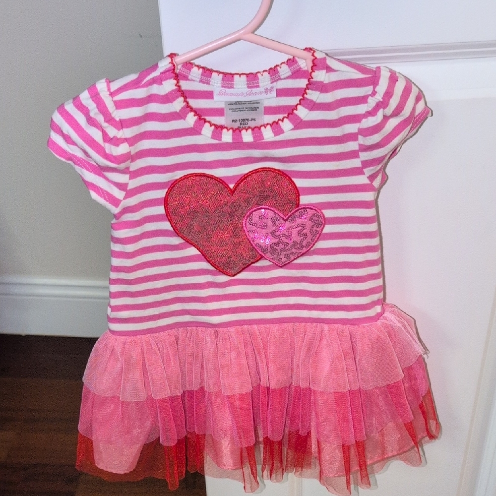 Bonnie Jean Pink and White Striped Dress with Heart Detail